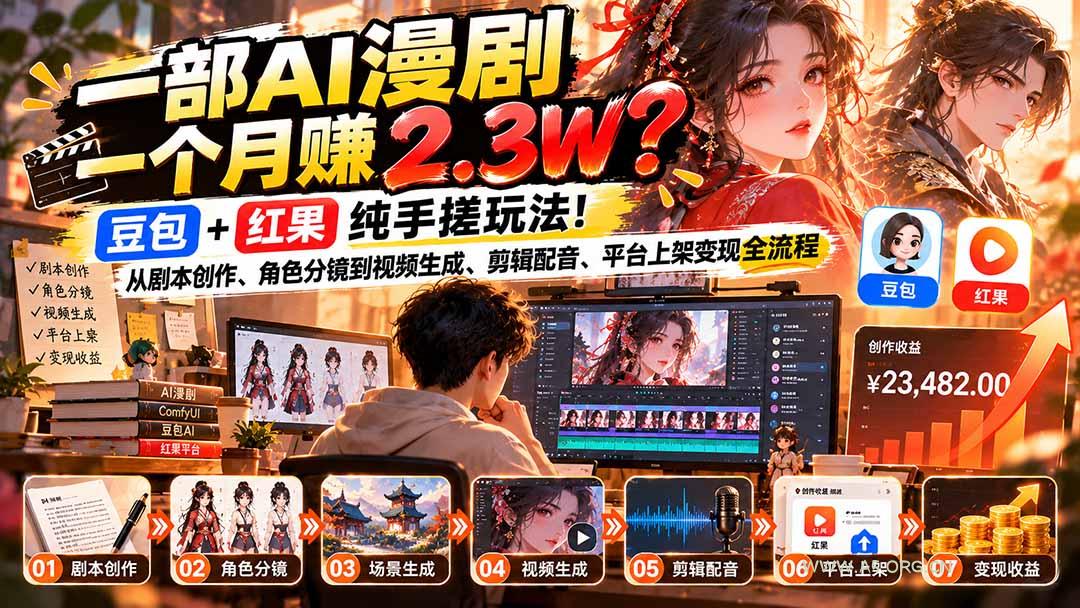 一部AI漫剧一个月赚2.3W？豆包+红果纯手搓玩法！从剧本创作、角色分镜到视频生成、剪辑配音、平台上架变现全流程-小红泡
