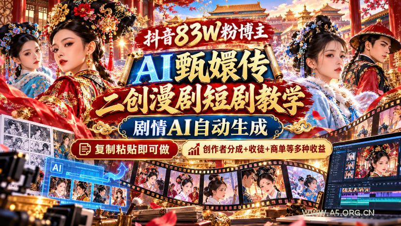 抖音83W粉博主AI甄嬛传二创漫剧短剧教学｜剧情AI自动生成，复制粘贴即可做，各大平台创作者分成+收徒等多种收益-小红泡