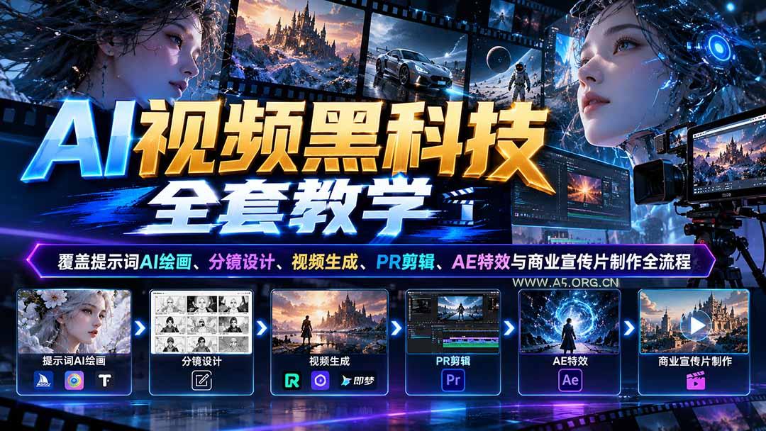 AI视频黑科技全套教学：覆盖提示词AI绘画、分镜设计、视频生成、PR剪辑、AE特效与商业宣传片制作全流程-小红泡
