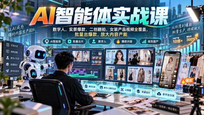 AI智能体实战课,数字人、实景爆款、二创翻拍、女装产品视频全覆盖,批量出爆款,放大内容产能-小红泡