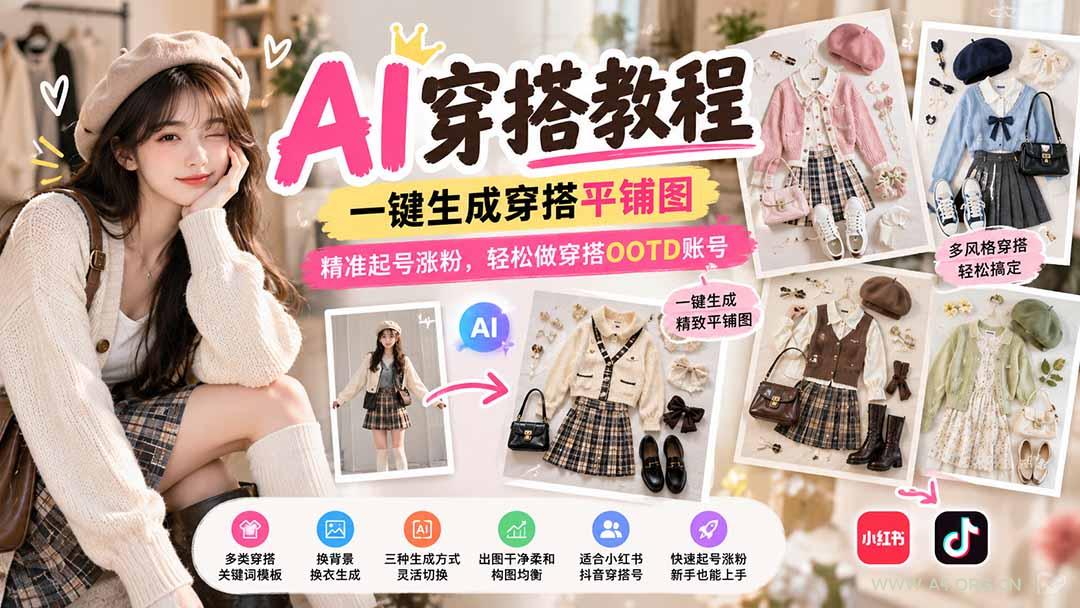 【无水印】AI穿搭教程｜一键生成穿搭平铺图，精准起号涨粉，轻松做穿搭OOTD账号-小红泡