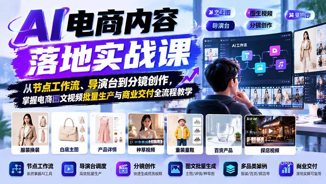 AI电商内容落地实战课：从节点工作流、导演台到分镜创作，掌握电商图文视频批量生产与商业交付全流程教学-小红泡