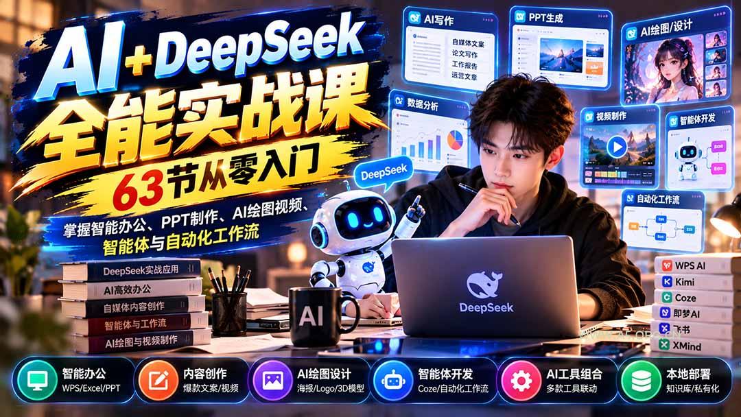 AI+DeepSeek全能实战课：63节从零入门，掌握智能办公、PPT制作、AI绘图视频、智能体与自动化工作流-小红泡