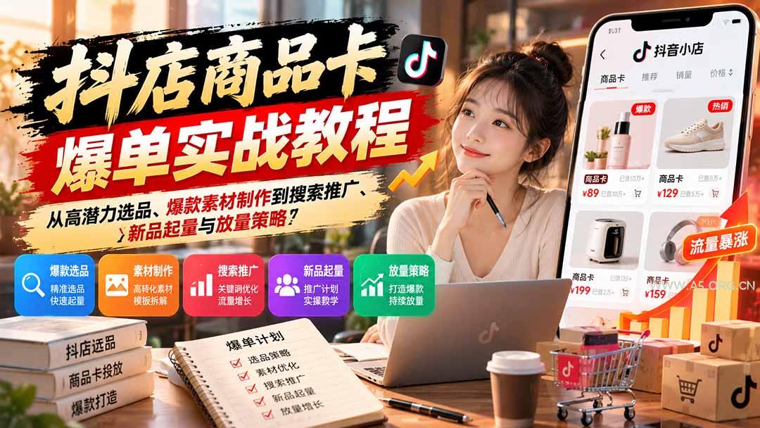 抖店商品卡爆单实战教程:从高潜力选品、爆款素材制作到搜索推广、新品起量与放量策略-小红泡