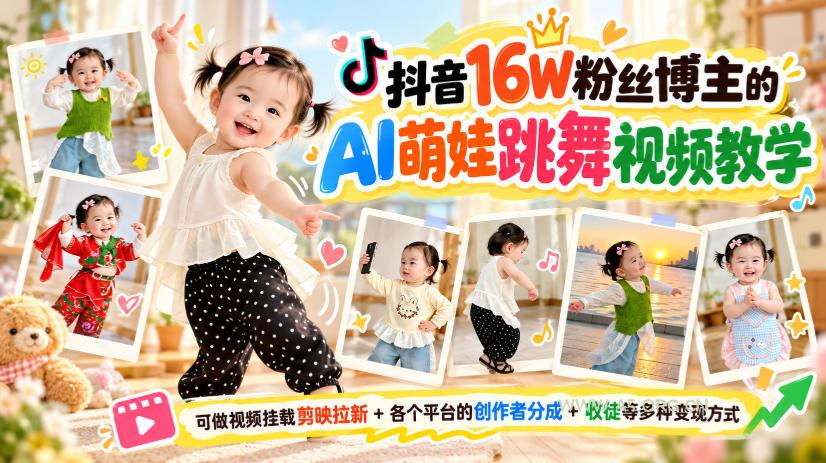抖音16W粉丝博主的AI萌娃跳舞视频教学，可做视频挂载剪映拉新+各个平台的创作者分成+收徒等多种变现方式，单月1W+-小红泡