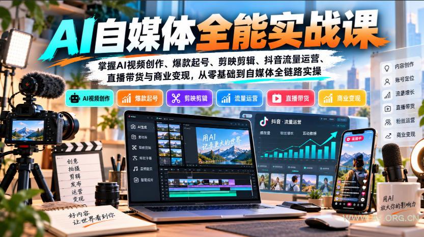 【无水印】AI自媒体全能实战课，掌握AI视频创作、爆款起号、剪映剪辑、抖音流量运营、直播带货与商业变现，从零基础到自媒体全链路实操-小红泡
