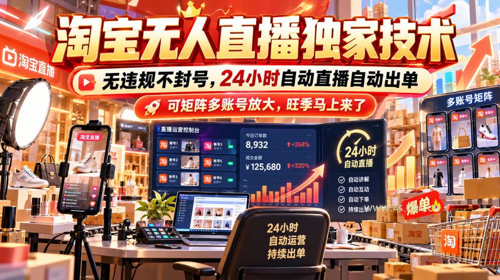 淘宝无人直播独家技术，无违规不封号，24小时自动直播自动出单，可矩阵多账号放大，旺季马上来了【揭秘】-小红泡