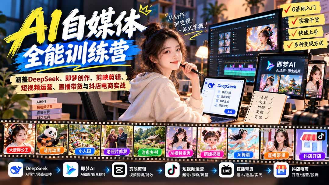 【无水印】AI+自媒体全能训练营:涵盖DeepSeek、即梦创作、剪映剪辑、短视频运营、直播带货与抖店电商实战-小红泡