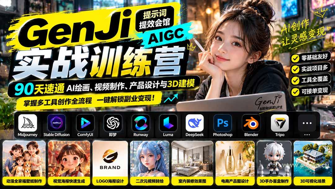 GenJi AIGC实战训练营：90天速通AI绘画、视频制作、产品设计与3D建模，掌握多工具创作全流程-小红泡