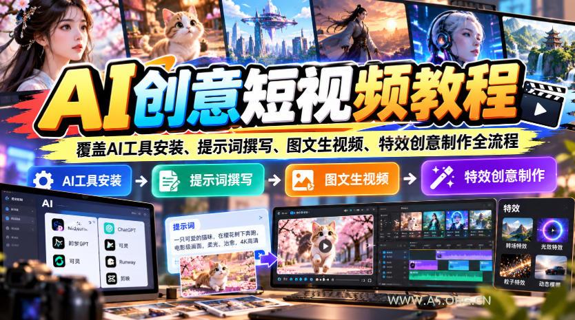 AI创意短视频教程，覆盖AI工具安装、提示词撰写、图文生视频、特效创意制作全流程-小红泡