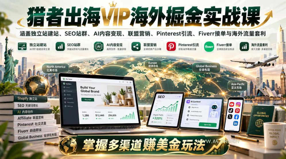 猎者出海VIP海外掘金实战课：涵盖独立站、SEO站群、AI变现、联盟营销、Pinterest引流、Fiverr接单与海外流量套利，掌握多渠道賺美金玩法-小红泡