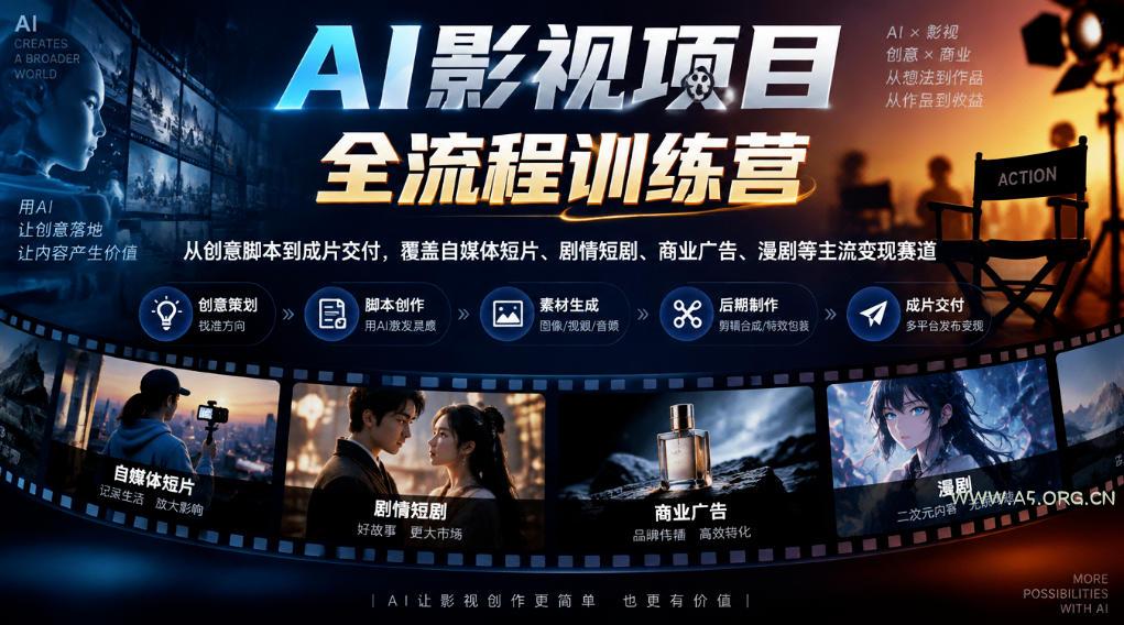 AI影视项目全流程训练营，从创意脚本到成片交付，覆盖自媒体短片、剧情短剧、商业广告、漫剧等主流变现赛道-小红泡