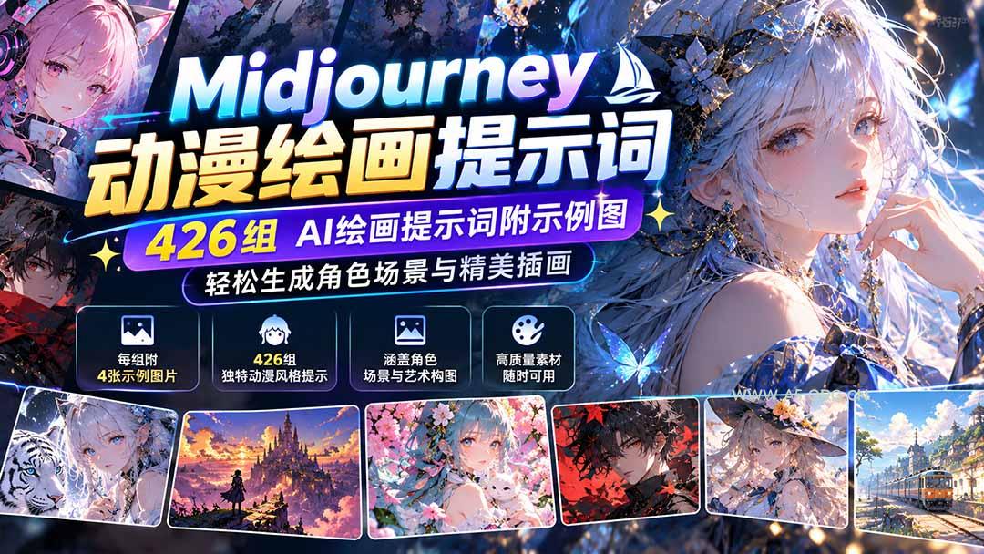Midjourney动漫绘画提示词:426组AI绘画提示词附示例图,轻松生成角色场景与精美插画-小红泡
