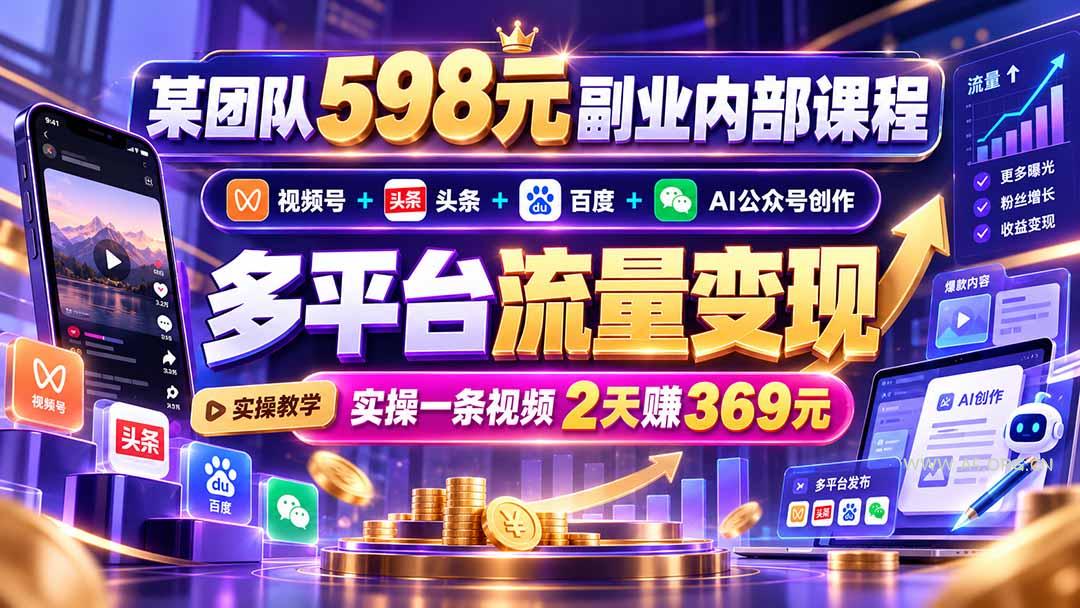 某团队598元副业内部课程：视频号+头条+百度+AI公众号创作、多平台流量变现，实操一条视频2天赚369元-小红泡