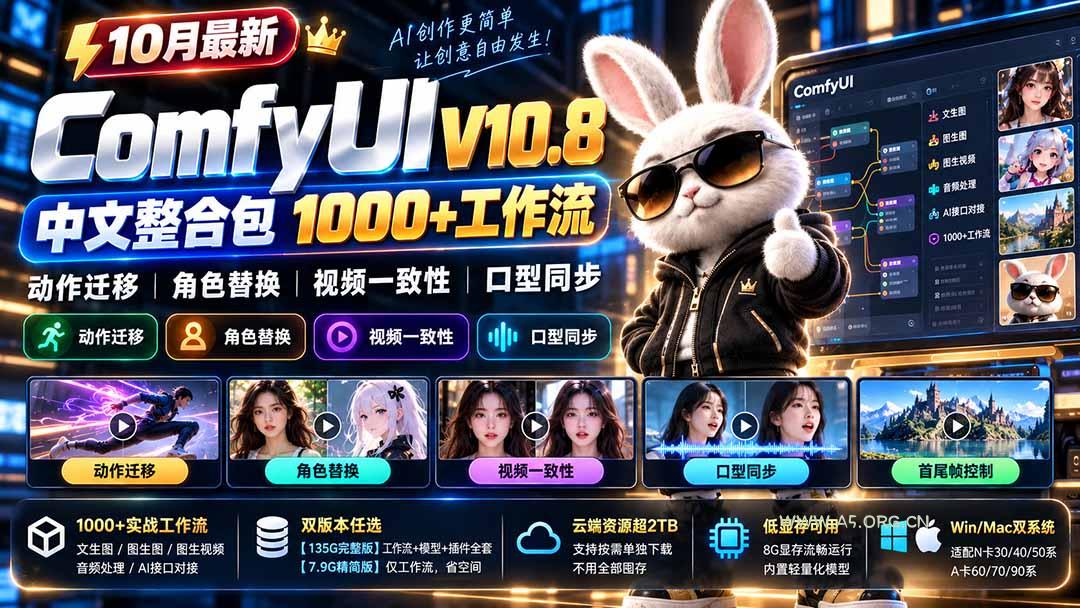 10月最新ComfyUI V10.8中文整合包 1000+工作流 动作迁移 角色替换 视频一致性 口型同步 低显存可用-小红泡