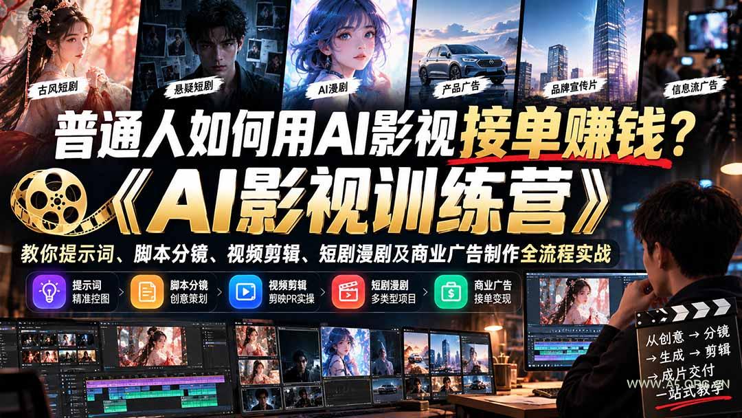 普通人如何用AI影视接单赚钱？《AI影视训练营》教你提示词、脚本分镜、视频剪辑、短剧漫剧及商业广告制作全流程实战-小红泡