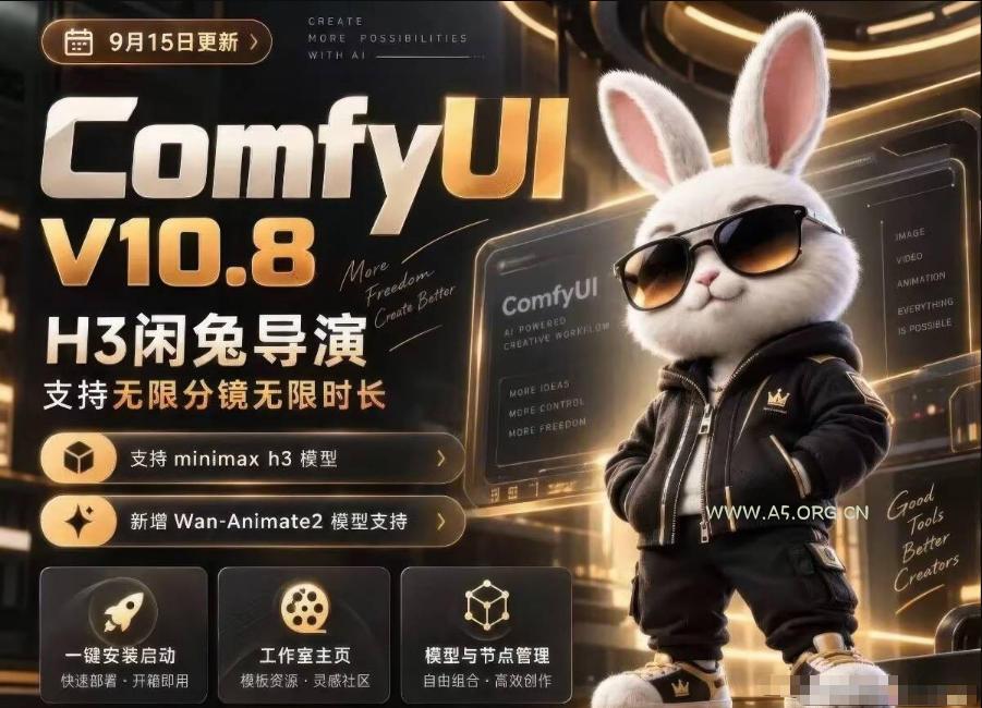 ComfyUI V10.8中文整合包，H3闲兔导演，支持无限分镜无限时长，1000+工作流，动作迁移，角色替换，视频一致性，口型同步，低显存可用-小红泡