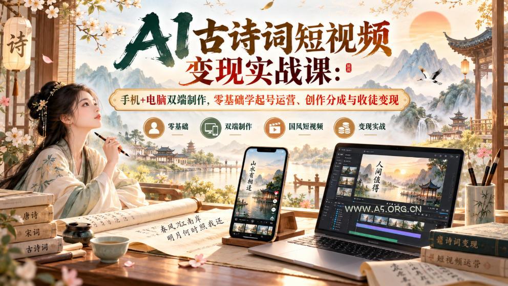 AI古诗词短视频变现实战课:手机+电脑双端制作,零基础学起号运营、创作分成与收徒变现-小红泡