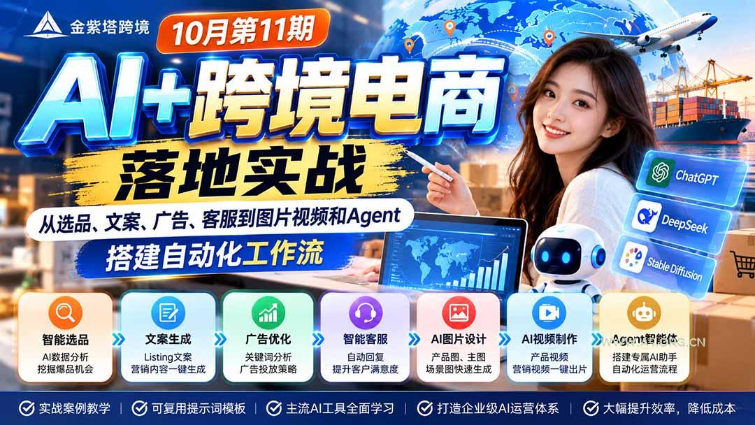 2026 AI+跨境电商落地实战10月第11期:从选品、文案、广告、客服到图片视频和Agent,搭建自动化工作流-小红泡