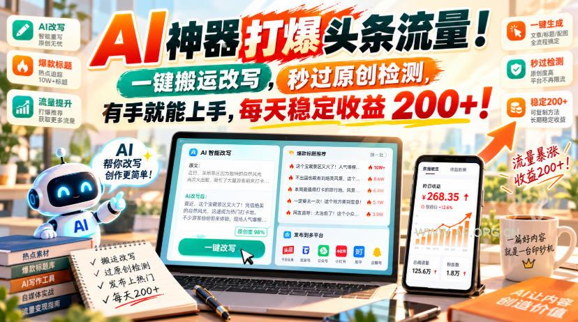 AI神器打爆头条流量,一键搬运改写,秒过原创检测,有手就能上手,每天稳定收益200+!【揭秘】-小红泡
