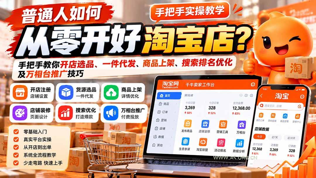 普通人如何从零开好淘宝店？手把手教你开店选品、一件代发、商品上架、搜索排名优化及万相台推广技巧-小红泡