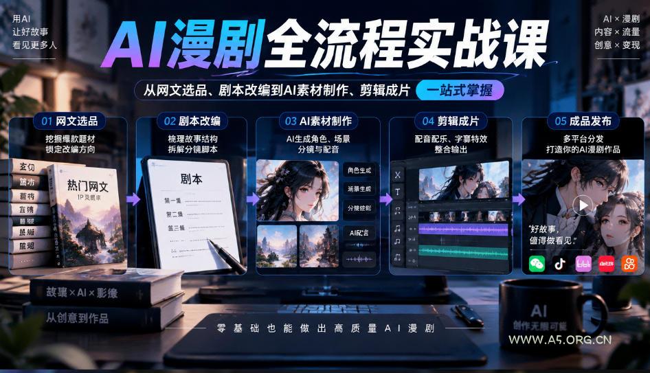 AI漫剧全流程实战课，覆盖从网文选品、剧本改编到AI素材制作、剪辑成片的完整链路-小红泡