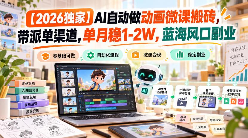 【2026独家】AI自动做动画微课搬砖，带派单渠道，单月稳1-2W，蓝海风口副业【揭秘】-小红泡