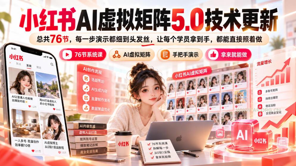 小红书AI虚拟矩阵5.0技术更新,总共76节,每一步演示都细到头发丝,让每个学员拿到手,都能直接照着做-小红泡