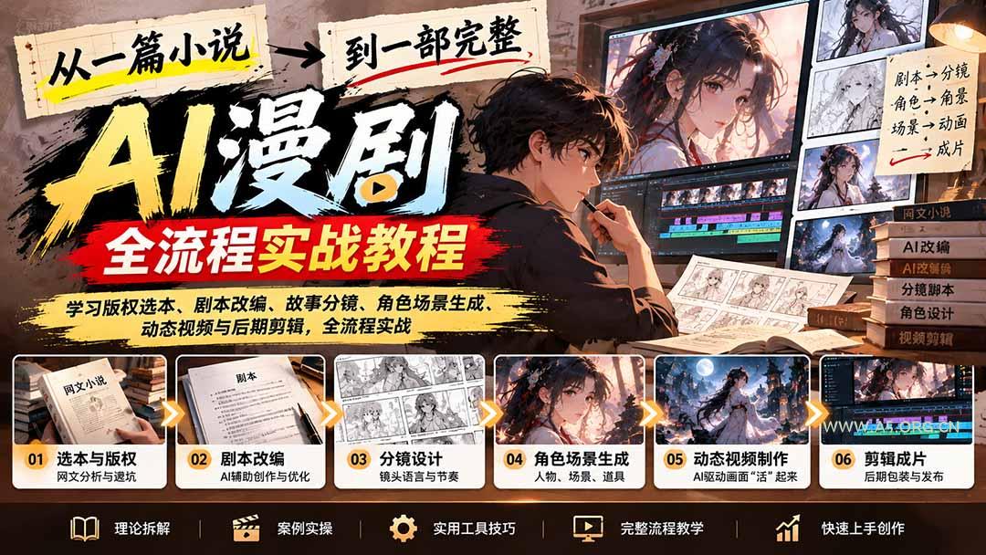 从一篇小说到一部完整AI漫剧：学习版权选本、剧本改编、故事分镜、角色场景生成、动态视频与后期剪辑-小红泡