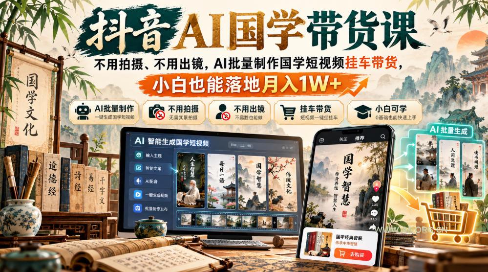 抖音AI国学带货课，不用拍摄、不用出镜，AI批量制作国学短视频挂车带货，小白也能落地月入1W+-小红泡