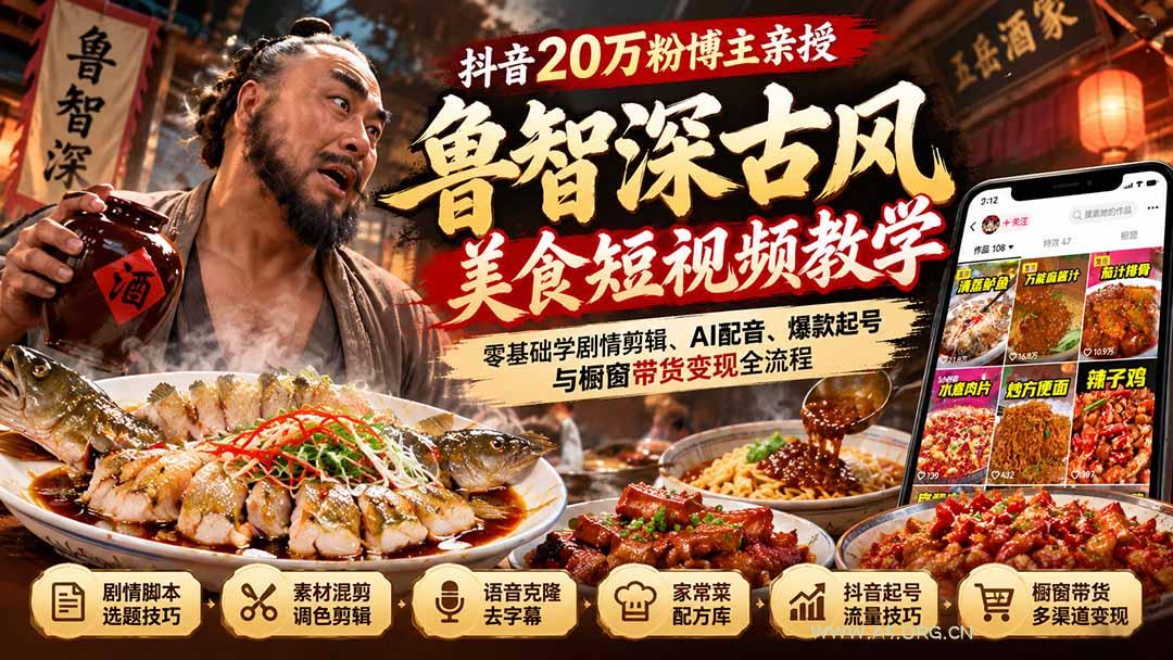 抖音20万粉博主亲授鲁智深古风美食玩法:零基础学剧情剪辑、AI配音、爆款起号与橱窗带货变现全流程-小红泡
